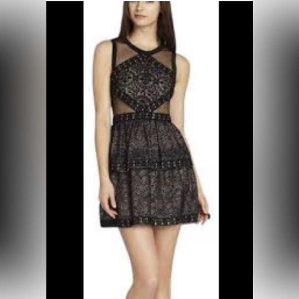 BCBGMaxAzria 6 Joselyn Black Tan Halter Fit and Flare Mini Dress - Picture 2 of 5